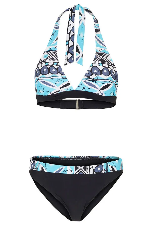 Bikini anudado al cuello (2 piezas) Negro-turquesa estampado