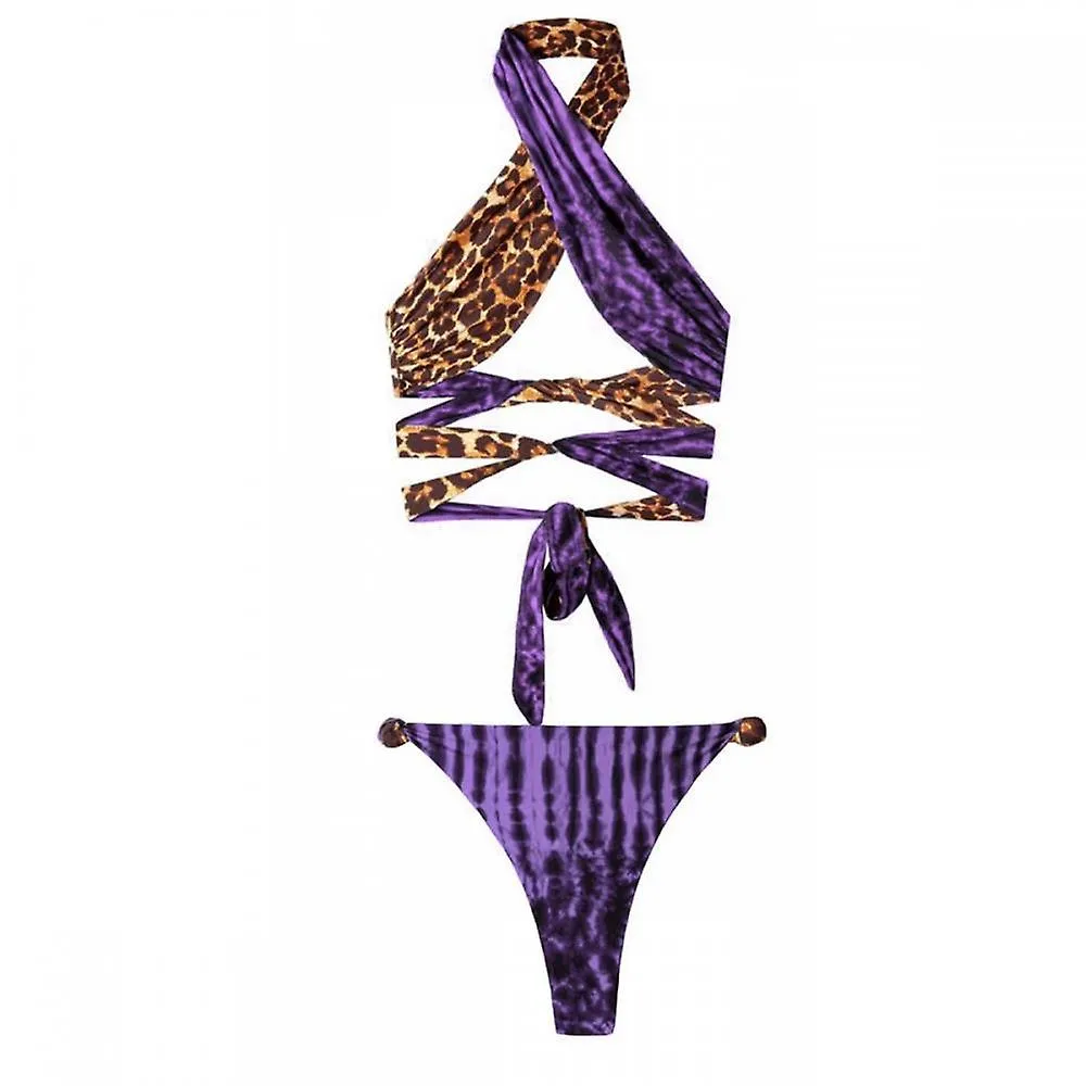 Bootylicious Purple+traditional Leopard , Two-sides Wear Cross Tie, Bikini Neck Hanging, Backless Swimsuit(s)