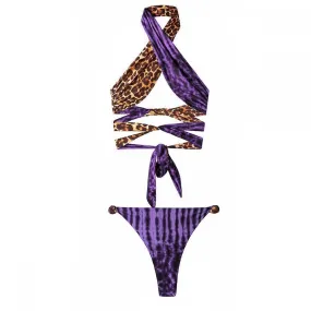 Bootylicious Purple+traditional Leopard , Two-sides Wear Cross Tie, Bikini Neck Hanging, Backless Swimsuit(s)