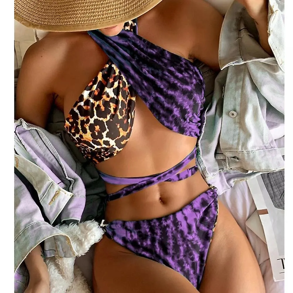 Bootylicious Purple+traditional Leopard , Two-sides Wear Cross Tie, Bikini Neck Hanging, Backless Swimsuit(s)