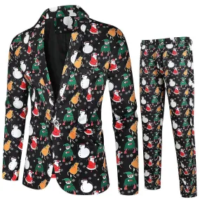 Christmas Suit For Men Printed One Button Blazer + Pants Xmas Outfit Set