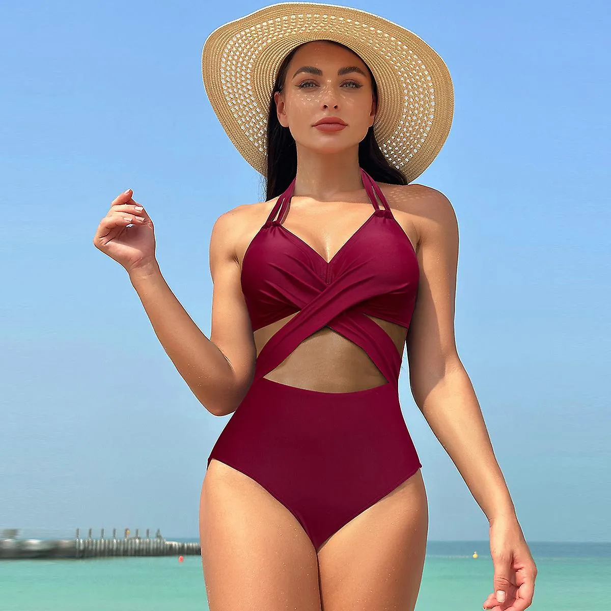 Fashion one piece swimsuit women solid color mesh bikini swimsuit swimsuit F 2XL