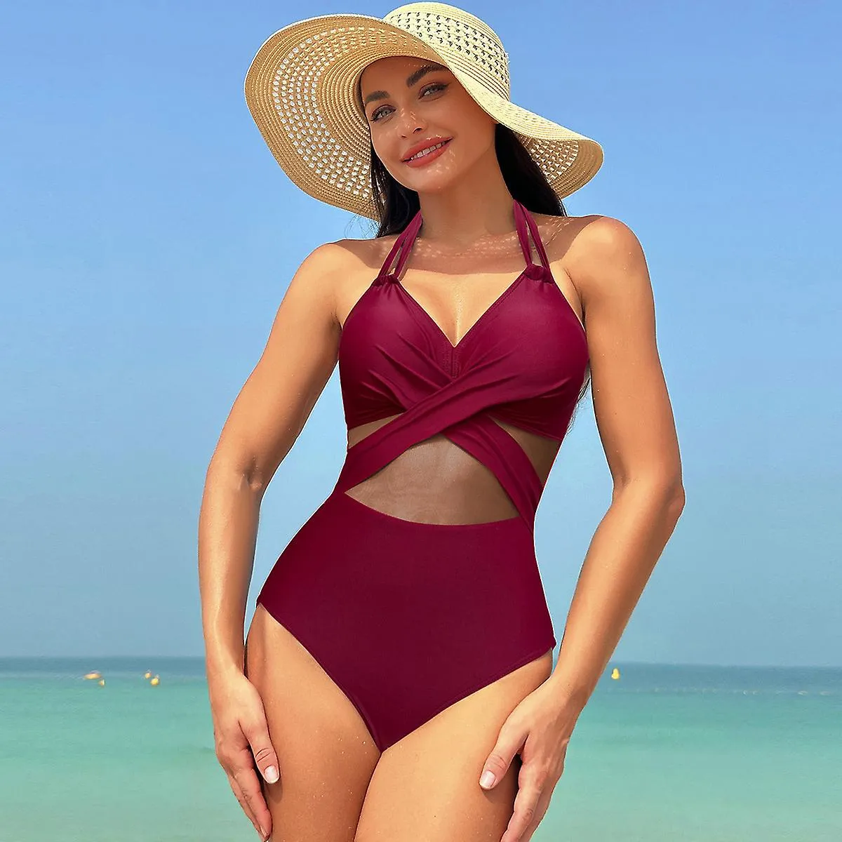 Fashion one piece swimsuit women solid color mesh bikini swimsuit swimsuit F 2XL