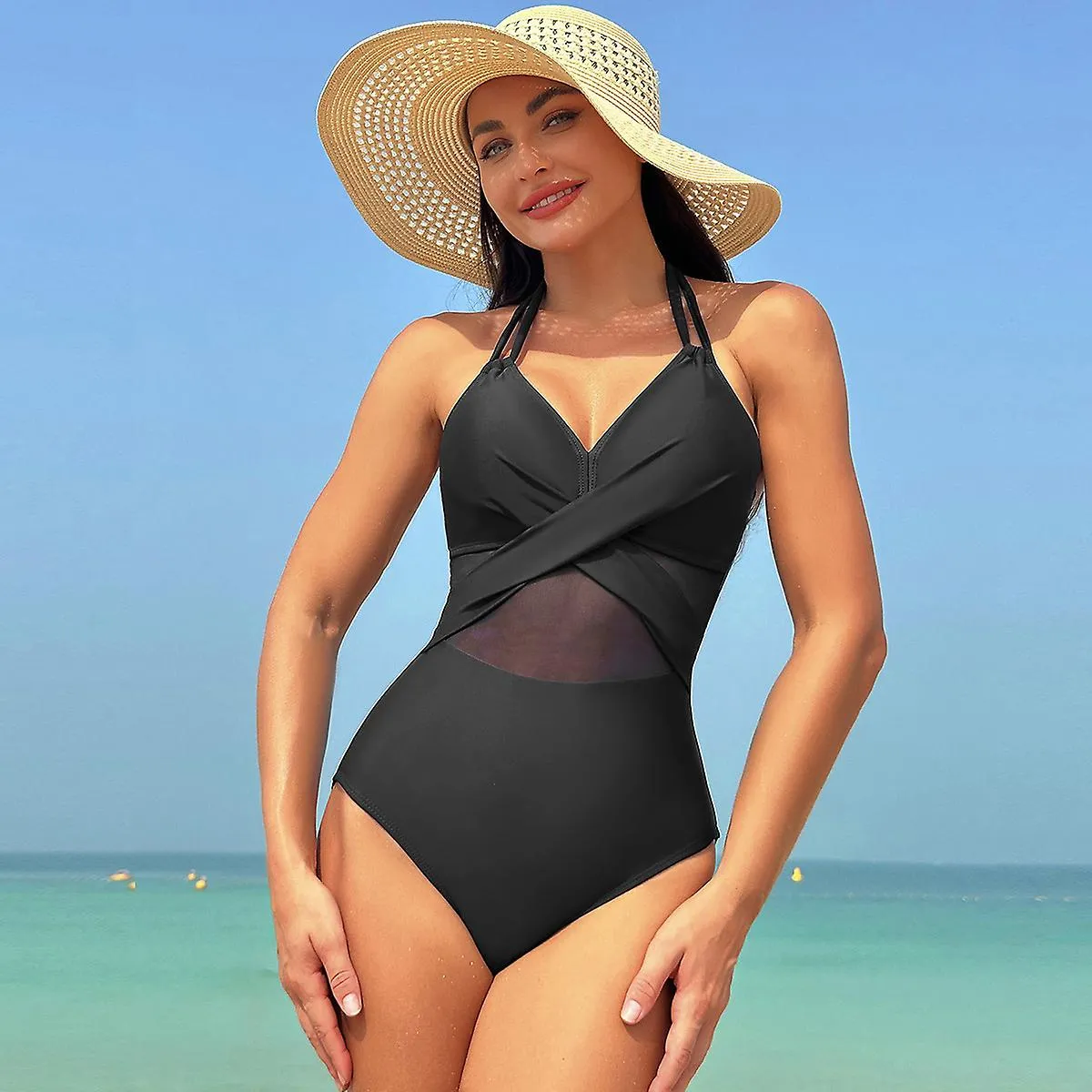 Fashion one piece swimsuit women solid color mesh bikini swimsuit swimsuit G 2XL