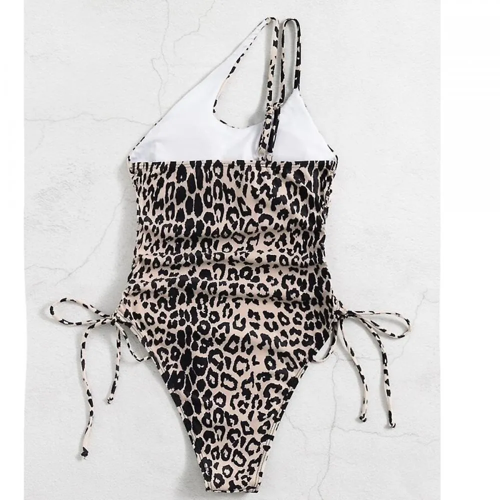 Leopard 1-shoulder Diagonal Shoulder One-piece Bikini, Side Drawcord Pleated Backless Erotogenic Swimsuit (M)