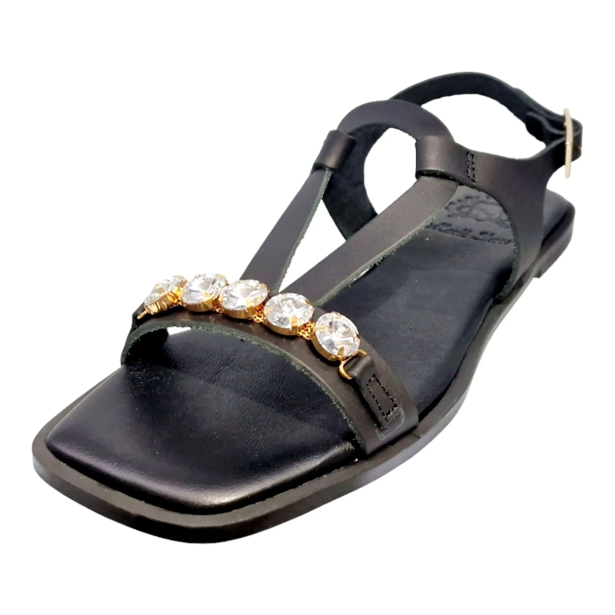 SANDALIAS MUJER BAJA ADORNO LAGRIMA Y BROCHE NEGRO