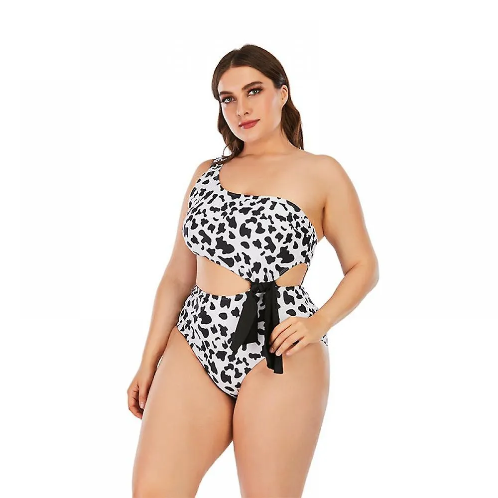 Sexy Oversize 1-shoulder Leopard High-waist 1-piece Bikini, Hollow Out, Black Rope Decoration, for Holiday, Spa (XXXL)