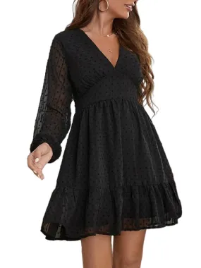 Women Casual V Neck Mini Dresses Long Sleeve Solid Color Flowy Tunic Swing Dress