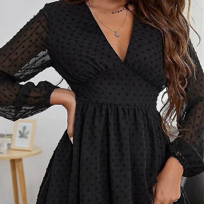 Women Casual V Neck Mini Dresses Long Sleeve Solid Color Flowy Tunic Swing Dress