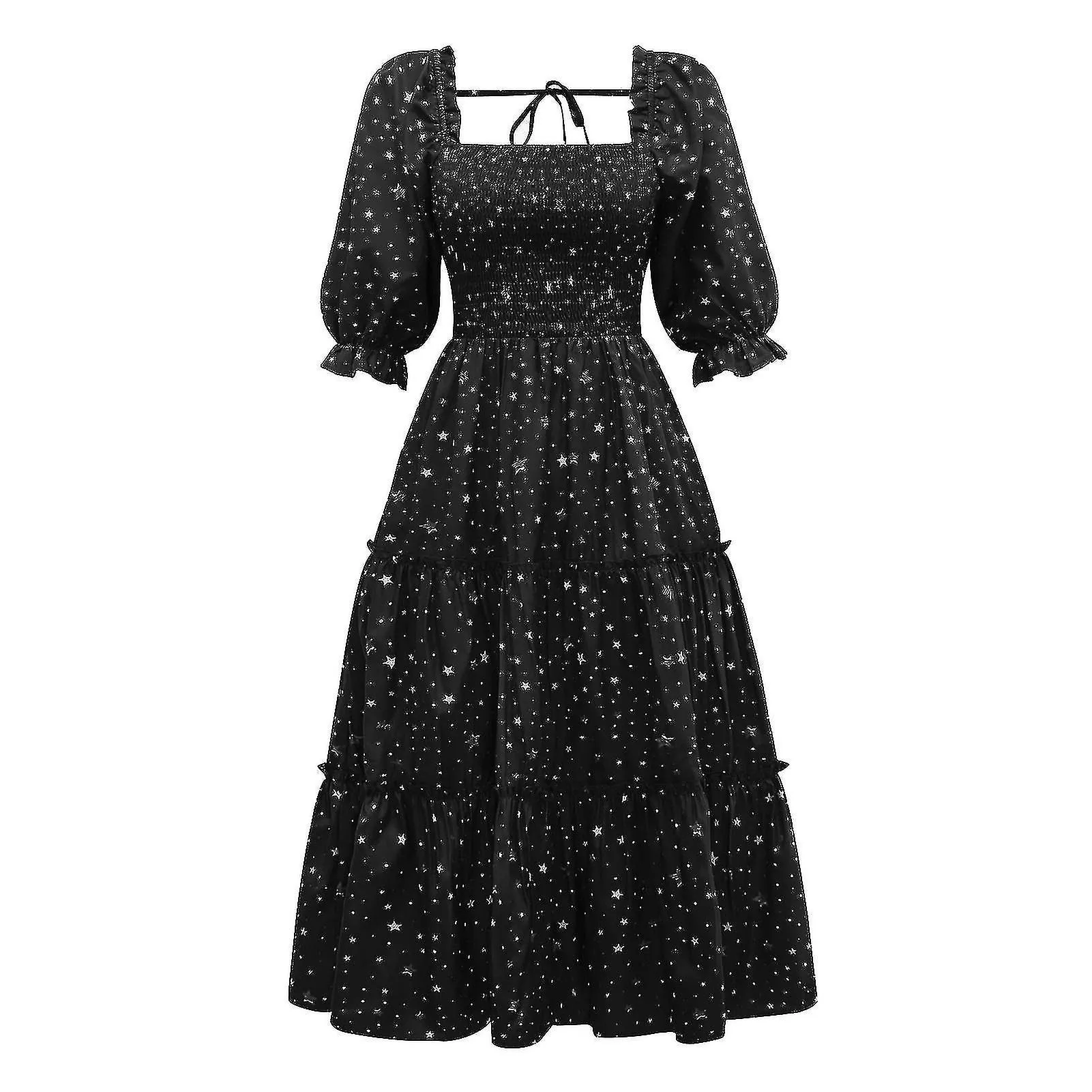 Women Star Print Square Neck Gathered Short Puff Sleeve Ruffle Hem Casual Midi Dress 1 Piece Black