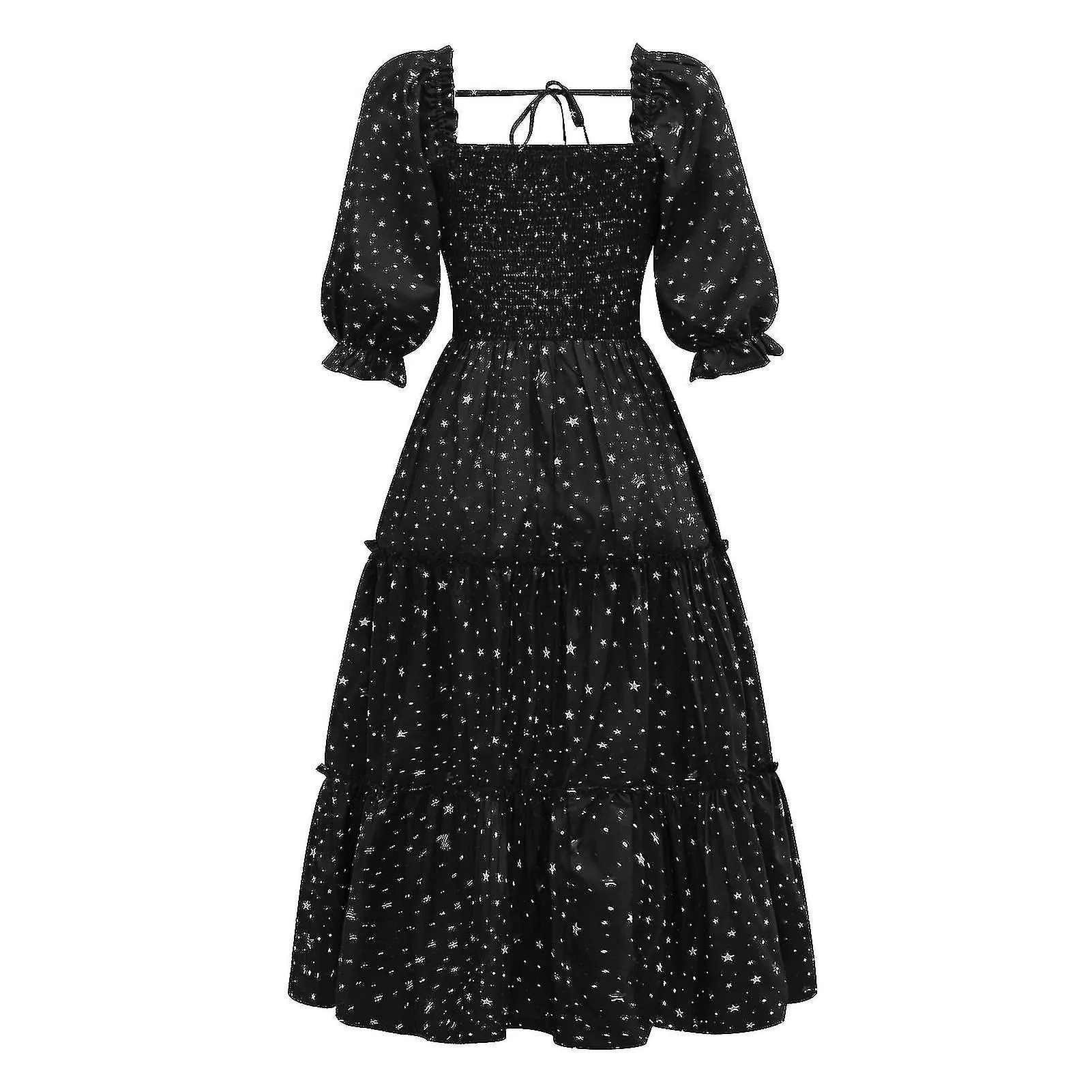 Women Star Print Square Neck Gathered Short Puff Sleeve Ruffle Hem Casual Midi Dress 1 Piece Black