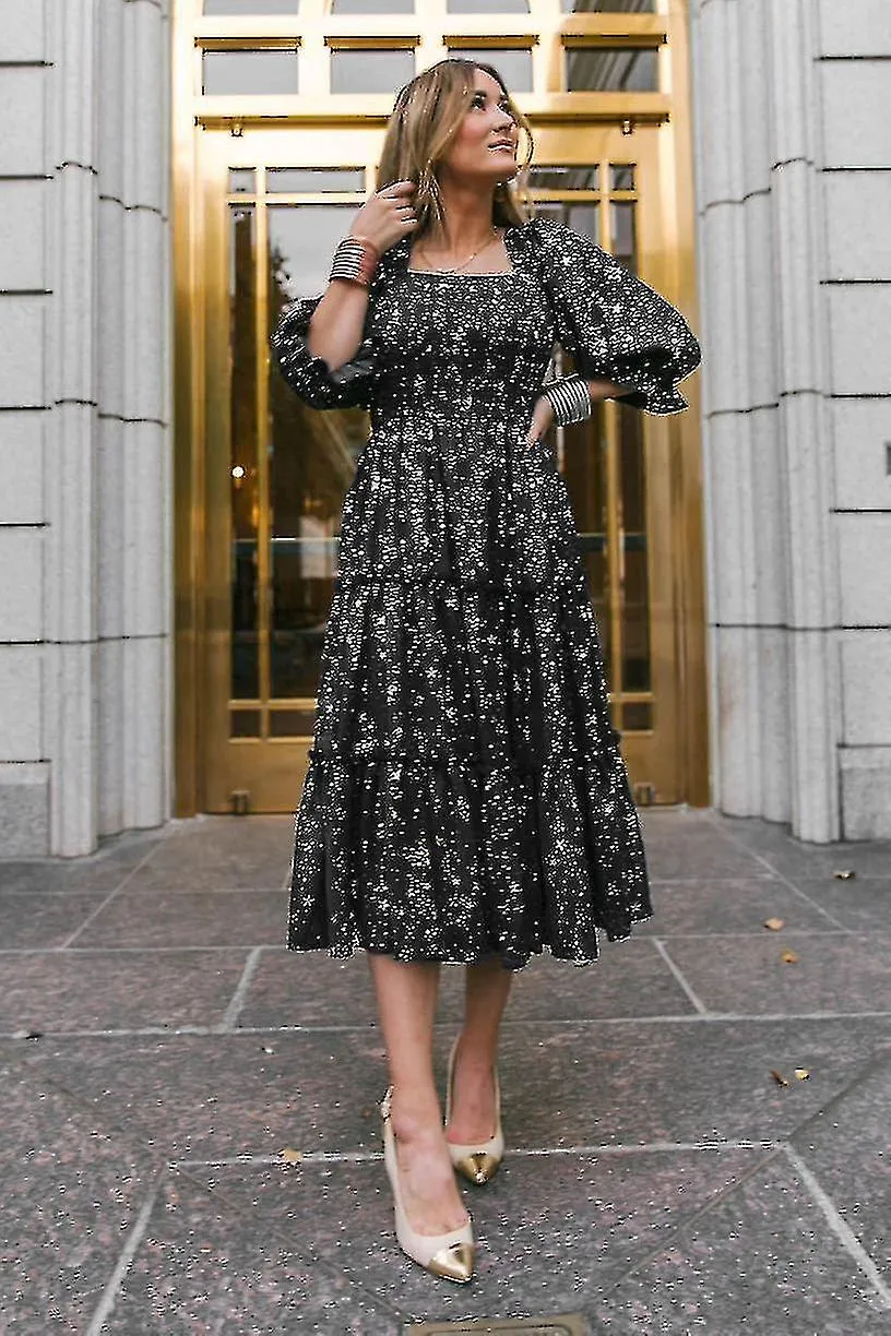 Women Star Print Square Neck Gathered Short Puff Sleeve Ruffle Hem Casual Midi Dress 1 Piece Black