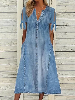 Women's Denim Midi Shirt Dress - V-Neck, Ruched, Short Sleeve for Summer