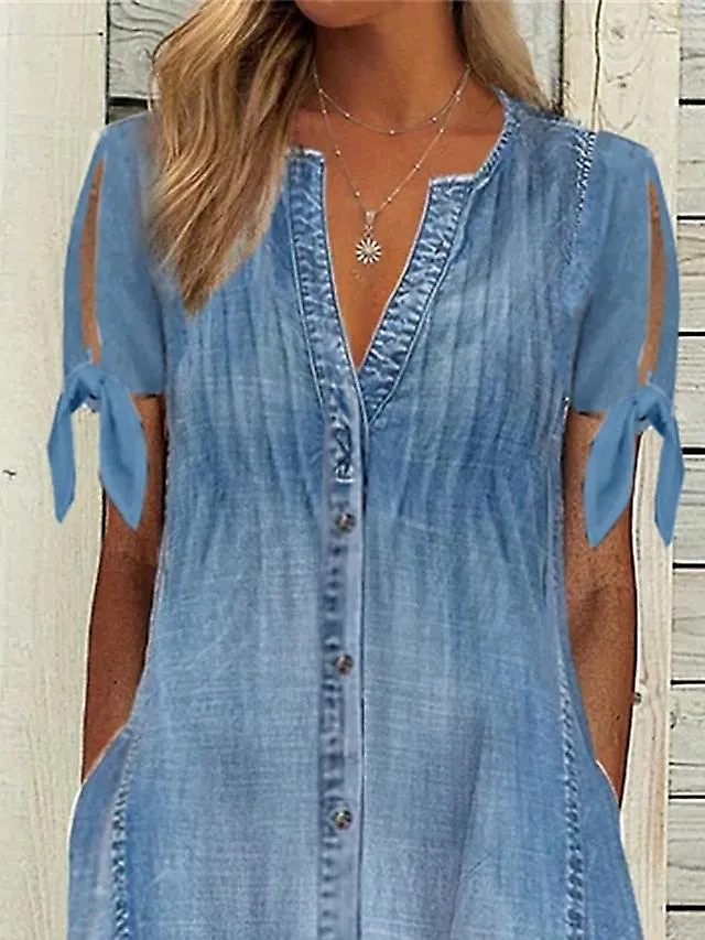 Women's Denim Midi Shirt Dress - V-Neck, Ruched, Short Sleeve for Summer