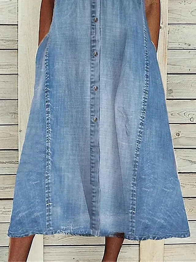 Women's Denim Midi Shirt Dress - V-Neck, Ruched, Short Sleeve for Summer