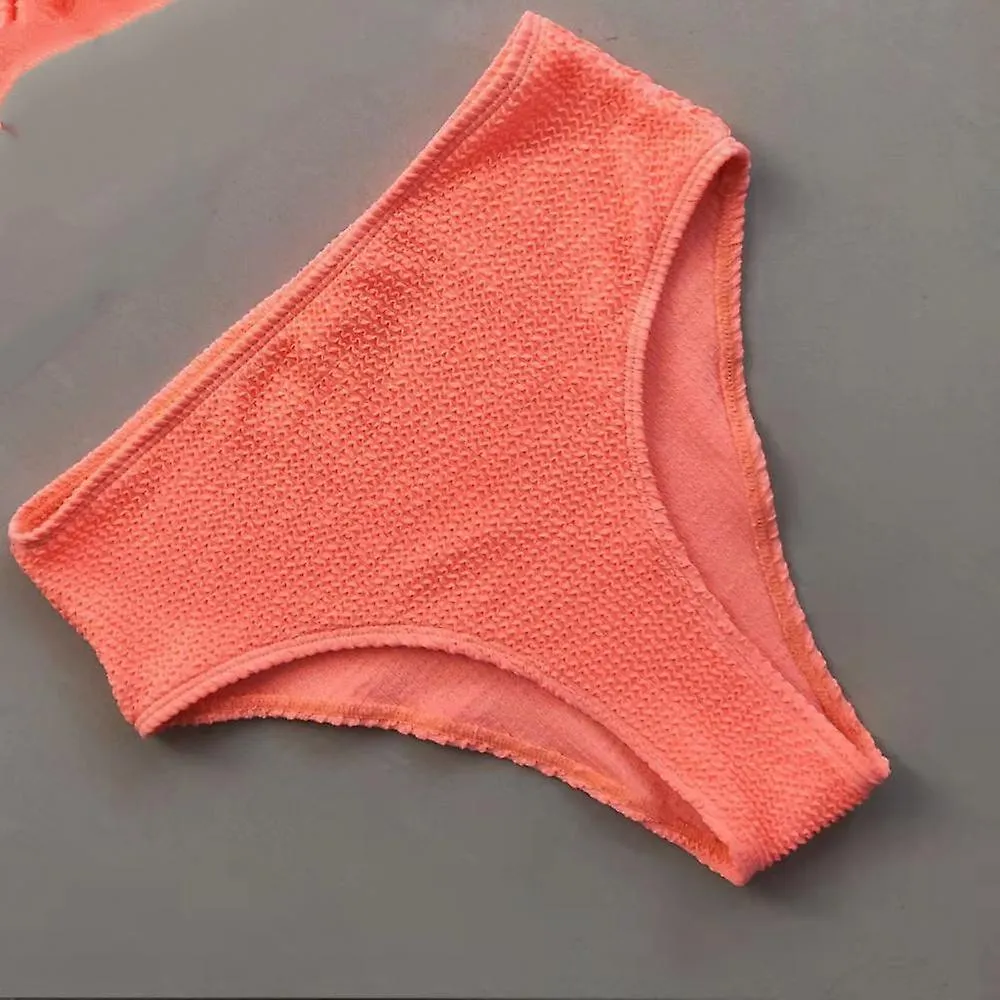 Women's Sexy Split Bikini, Bra, Strapless Wavy Fabric High Waist Swimsuit for Beach, Bathing, Pink Orange (M)