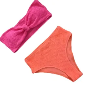 Women's Sexy Split Bikini, Bra, Strapless Wavy Fabric High Waist Swimsuit for Beach, Bathing, Pink Orange (M)