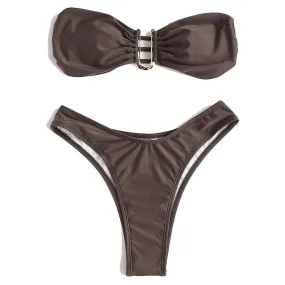 Women's Split Bikini, Elastic Sexy Backless Swimsuit Without Shoulder Strap, High-waist Brazilian Pants, Brown (L)